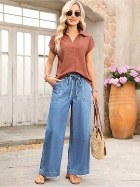 Wide Leg Drawstring Denim Pants - Blue